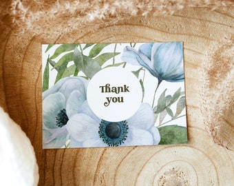 Modern Blue Floral Thank You Card, Bridal Shower Thank You Card, Floral Baby Shower Thank You Cards, Note Cards, Wedding Thank You, EVAN