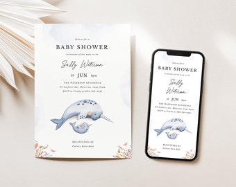 Narwhal Baby Shower Invitation Template, Ocean Evite, Neutral (Digital Download)