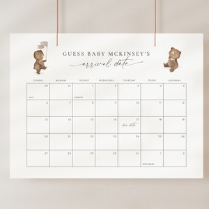 REMI Teddy Bear Baby Shower Due Date Calendar, Baby Shower Game, Bear Baby Birth Date Game, Guess the Arrival Date Game, Editable Printable