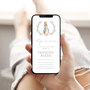 Modello di invito per baby shower Peter Rabbit, invito elettronico coniglietto blu, invito per baby shower ragazzo, invito telefonico modificabile, download istantaneo
