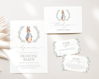 PETER Rabbit Baby Shower Invitation Set, Blue Rabbit Baby Shower, Blue Bunny Baby Shower, Diaper Raffle, Book, Editable, Download, Template