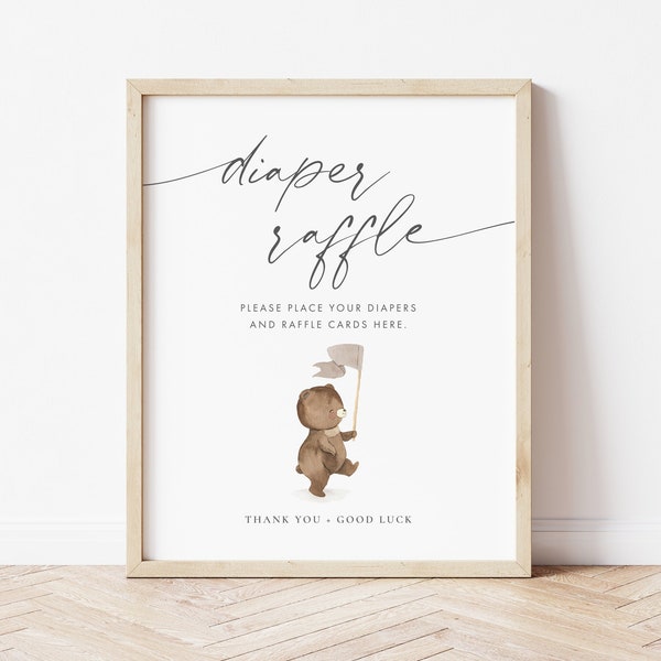 REMI Teddy Bear Diaper Raffle Sign Template, Editable Brown Bear Diaper Raffle Sign, Gender Neutral Baby Shower Printable, Instant Download