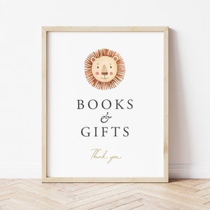 KEI Boho Lion Bücher und Geschenke Zeichen Vorlage, Safari Bücher Baby Shower Zeichen, moderne minimalistische Baby Shower, Lion Baby Bücher Geschenke Printable Bild 1