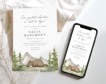 Bear Baby Shower Evite, Adventure Baby Shower Electronic Invitation, Editable Wilderness Text Invite, Bear Cub Baby Shower Invitation, BODHI
