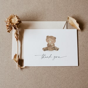We can Bearly Wait - A modern 5x3.5 printable Thank You Card Template, with the sweetest little brown teddy bear. The editable elegant dark grey text is personalisable in Corjl.