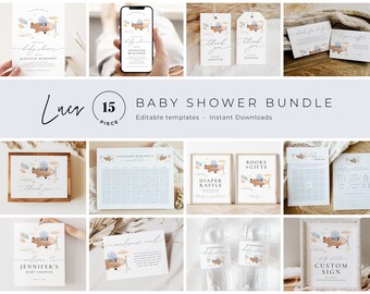 Watercolor Elephant Airplane Baby Shower Bundle, Editable Templates (Digital Download)