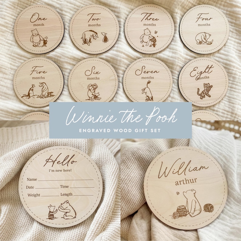 Personalized Classic Winnie the Pooh Baby Milestone Gift Set - Wooden ...