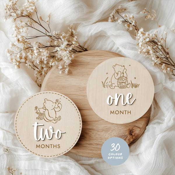 Winnie the Pooh Baby Milestone Discs: Hand-Painted Wood Monthly Growth Markers