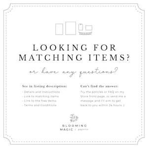 May include: Black and white graphic with the text "LOOKING FOR MATCHING ITEMS? or have any questions?"  The graphic also includes a list of details and instructions for finding matching items, as well as information on how to contact the seller if you have any questions.
