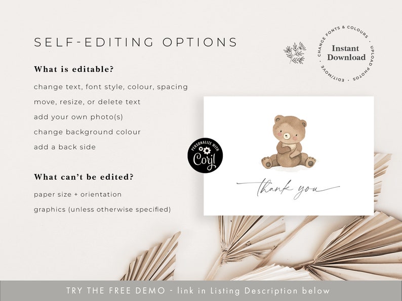 May include: Editable thank you card template featuring a cute brown bear illustration with the text "Thank you". The card is customizable with your own photos, text, and colors.