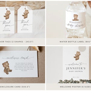 Baby Shower Favor Tags, Water Bottle Label, Enclosure Card, and Welcome Sign. The artwork is of a sweet little brown teddy bear. The editable dark grey text is personalisable in Corjl.