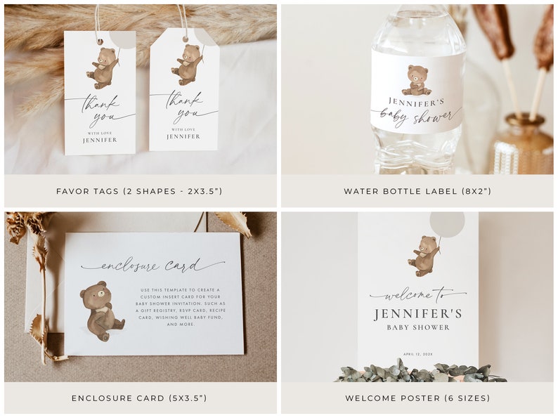 Baby Shower Favor Tags, Water Bottle Label, Enclosure Card, and Welcome Sign. The artwork is of a sweet little brown teddy bear. The editable dark grey text is personalisable in Corjl.
