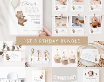 May include: A first birthday party bundle with a bear theme. The bundle includes a printable invitation, a banner, cupcake toppers, a high chair banner, a thank you tag, a growth chart, and a photo collage. The color scheme is beige, brown, and white.