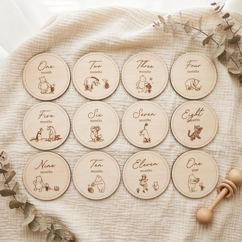 Winnie the Pooh Baby Milestone Discs - Engraved Wood - 12 Pieces - Etsy