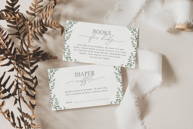 3.5x2 Greenery Baby Shower Books for Baby Insert Card and Diaper Raffle Ticket, with green leaves on the horizontal borders, and grey text. You can personalise your editable templates in Corjl.