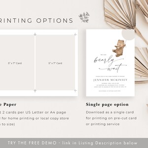 May include: Printable baby shower invitation with a cute cartoon bear holding a balloon. The invitation says "We can barely wait" and includes the name Jennifer Mckinsey. The invitation is available in two printing options: save paper and single page.
