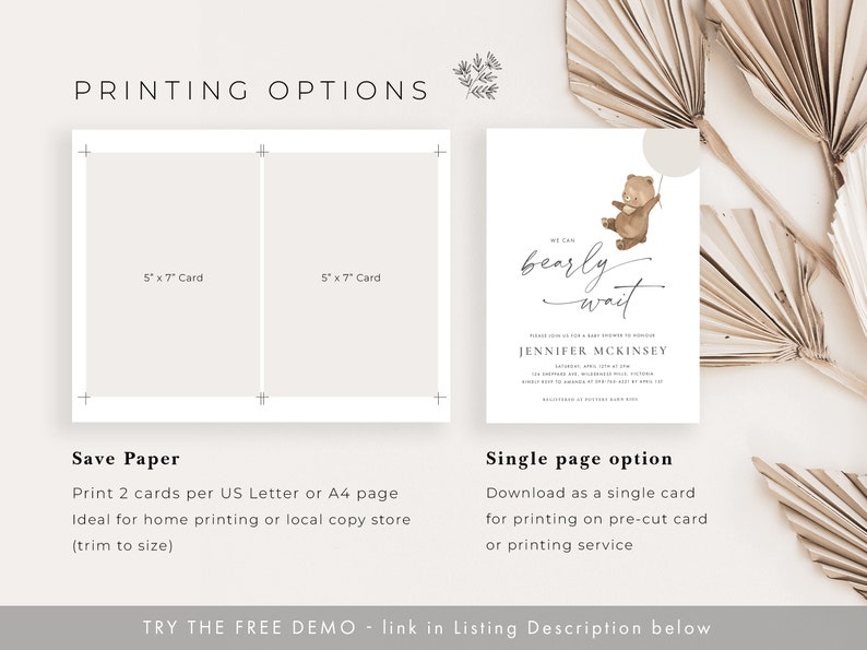 May include: Printable baby shower invitation with a cute cartoon bear holding a balloon. The invitation says "We can barely wait" and includes the name Jennifer Mckinsey. The invitation is available in two printing options: save paper and single page.