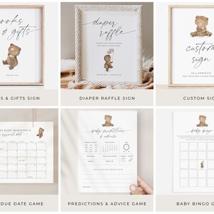 Baby Shower Signs and Baby Shower Games. The artwork is of a sweet little brown teddy bear. The editable dark grey text is personalisable in Corjl.