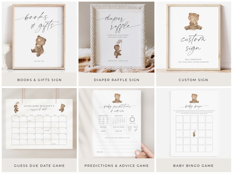 Baby Shower Signs and Baby Shower Games. The artwork is of a sweet little brown teddy bear. The editable dark grey text is personalisable in Corjl.