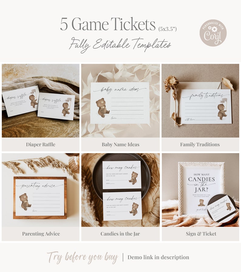 We Can Bearly Wait Baby Shower Games, Baby Shower Games Teddy Bear Theme, We Can Bearly Wait Sign, Baby Predictions and Advice Card, REMI-BS Bild 5