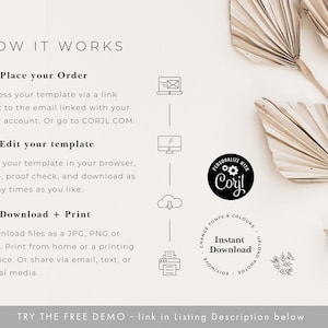 May include: How to use a digital template: Place your order, edit the template in your browser, download and print.  The text reads "Personalize with Coryl" and "Instant Download".