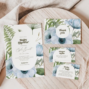 An elegant blue floral Baby Shower template set with a 5x7 Invitation, 5x3.5 Thank You Card, Books for Baby Card, and Diaper Raffle Ticket. The text is in brown. Editable in Corjl.