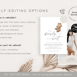 May include: Editable baby shower invitation template with a cute cartoon bear holding a balloon. The text says "We can bearly wait". The template is customizable with your own photos and text.