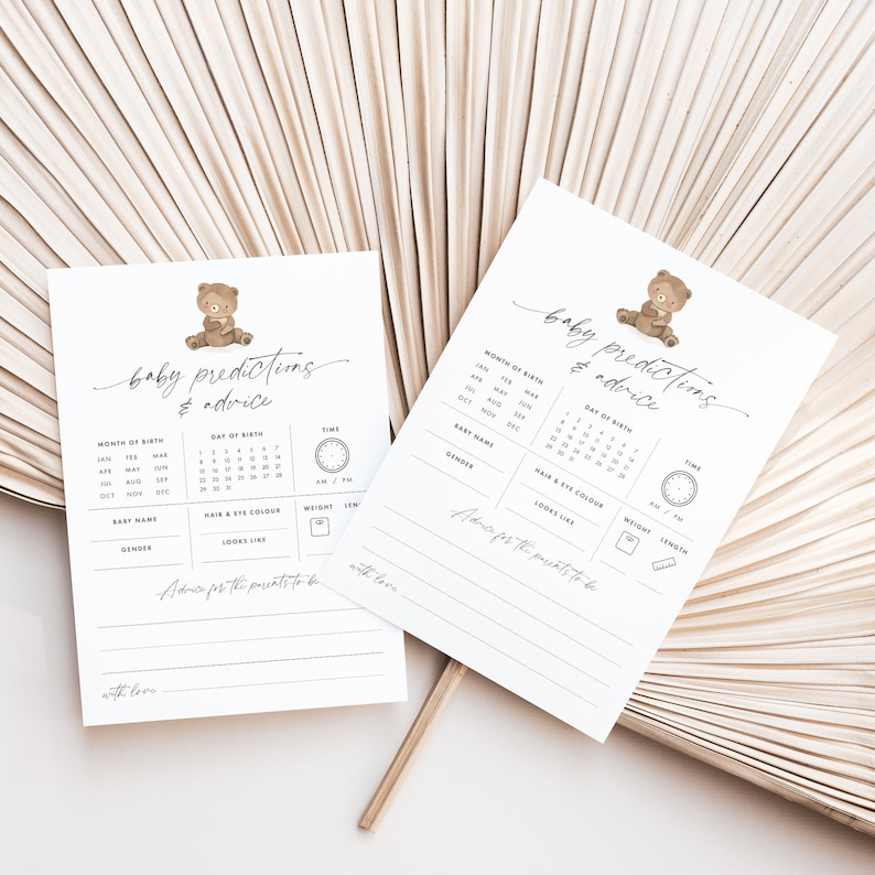 A 5x7-inch baby predictions and advice card for a teddy bear-themed baby shower, part of the We Can Bearly Wait Baby Shower theme pack. The card features a cute brown teddy bear illustration alongside elegant grey modern script text.