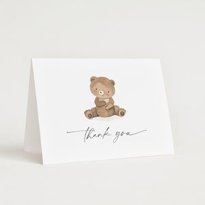 We can Bearly Wait - A modern 5x3.5 printable Thank You Card Template, with the sweetest little brown teddy bear. The editable elegant dark grey text is personalisable in Corjl.