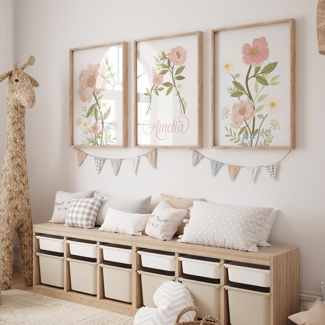 Custom Wildflower Nursery Prints, Blush Pink Floral Wall Art (digital ...