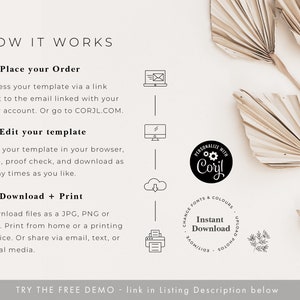 May include: How to use a digital template: Place your order, edit the template in your browser, download and print.  The text reads "Personalize with Coryl" and "Instant Download".