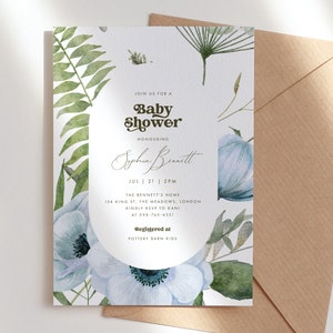An elegant blue floral 5x7 Portrait Baby Shower Invitation Template, with a curved frame. The text is in brown. This is an editable Invitation that you personalise in Corjl.