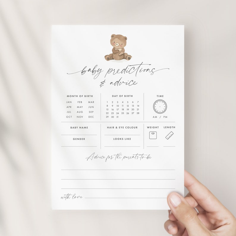 A 5x7-inch baby predictions and advice card for a teddy bear-themed baby shower, part of the We Can Bearly Wait Baby Shower theme pack. The card features a cute brown teddy bear illustration alongside elegant grey modern script text.