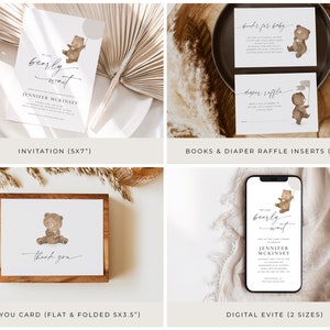 A Baby Shower Invitation, Evite, Diaper Raffle, Books for Baby, and Thank You Cards. The artwork is of a sweet little brown teddy bear. The editable dark grey text is personalisable in Corjl.