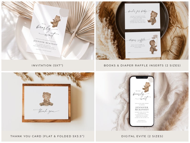 A Baby Shower Invitation, Evite, Diaper Raffle, Books for Baby, and Thank You Cards. The artwork is of a sweet little brown teddy bear. The editable dark grey text is personalisable in Corjl.