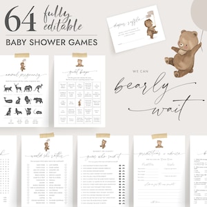 We Can Bearly Wait Baby Shower Games, Baby Shower Games Teddy Bear Theme, We Can Bearly Wait Sign, Baby Predictions and Advice Card, REMI-BS