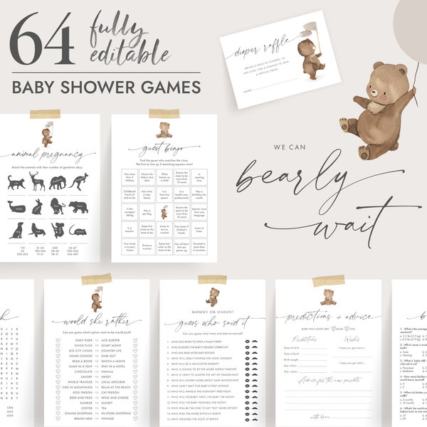 We Can Bearly Wait Baby Shower Games, Baby Shower Games Teddy Bear Theme, We Can Bearly Wait Sign, Baby Predictions and Advice Card, REMI-BS