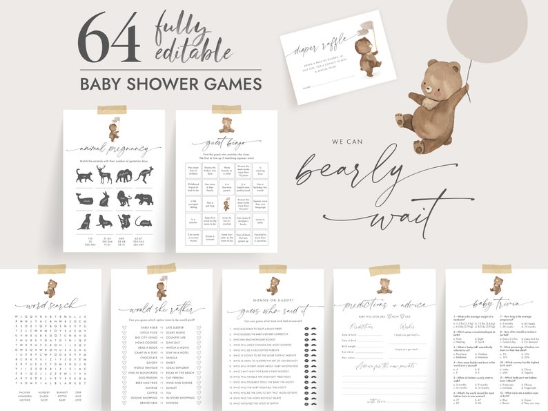 We Can Bearly Wait Baby Shower Games, Baby Shower Games Teddy Bear Theme, We Can Bearly Wait Sign, Baby Predictions and Advice Card, REMI-BS Bild 1