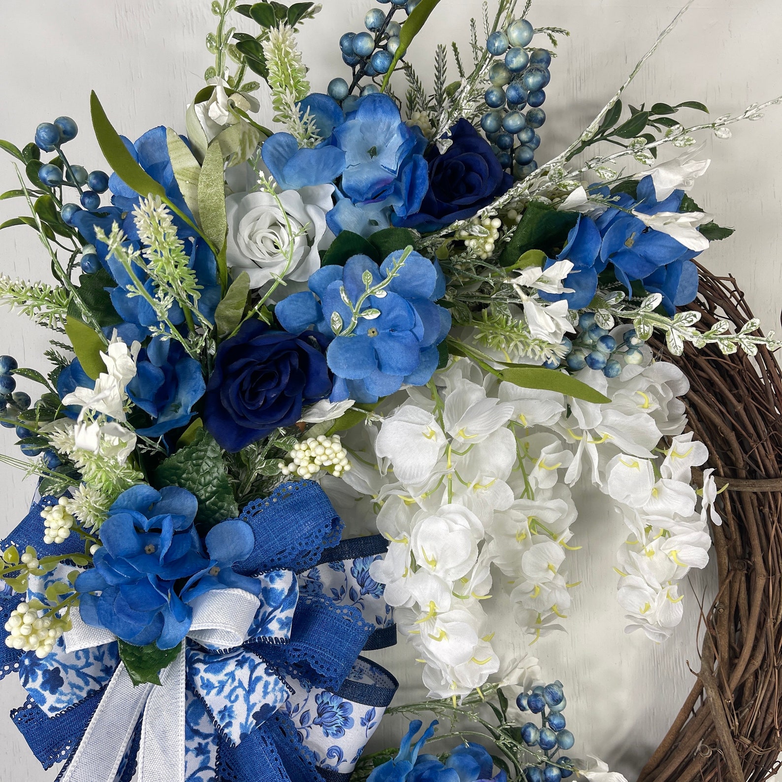 Luxurious Blue and White Floral Wreath With Elegant Ribbons - Perfect ...