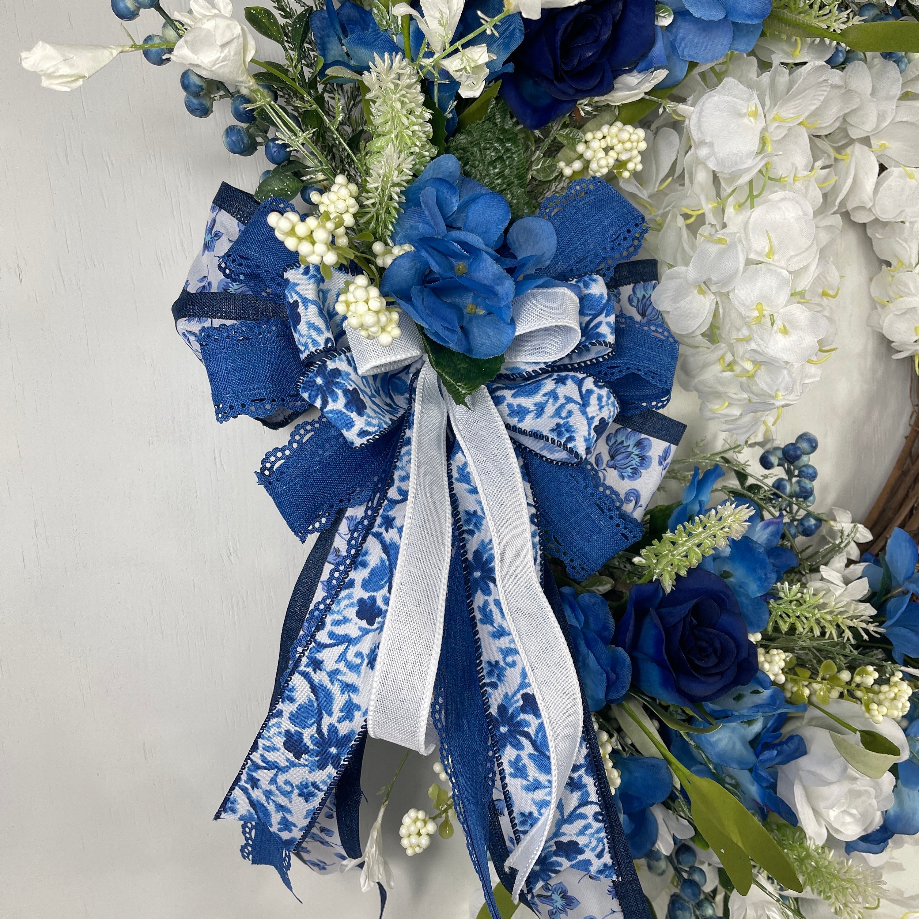 Luxurious Blue and White Floral Wreath With Elegant Ribbons - Perfect ...