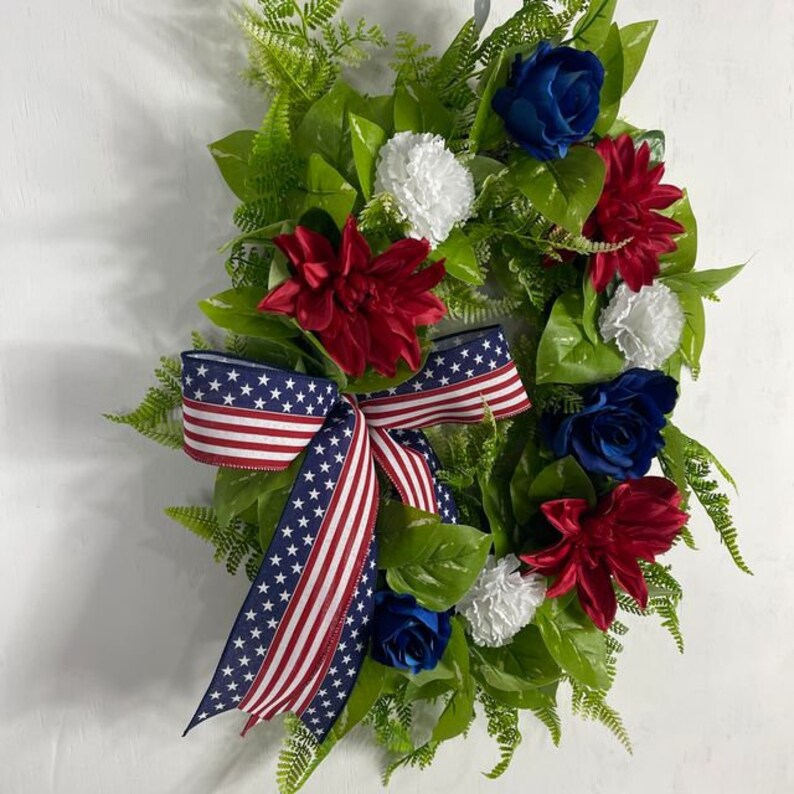 Patriotic Floral Wreath With Red, White, & Blue Silk Flowers and