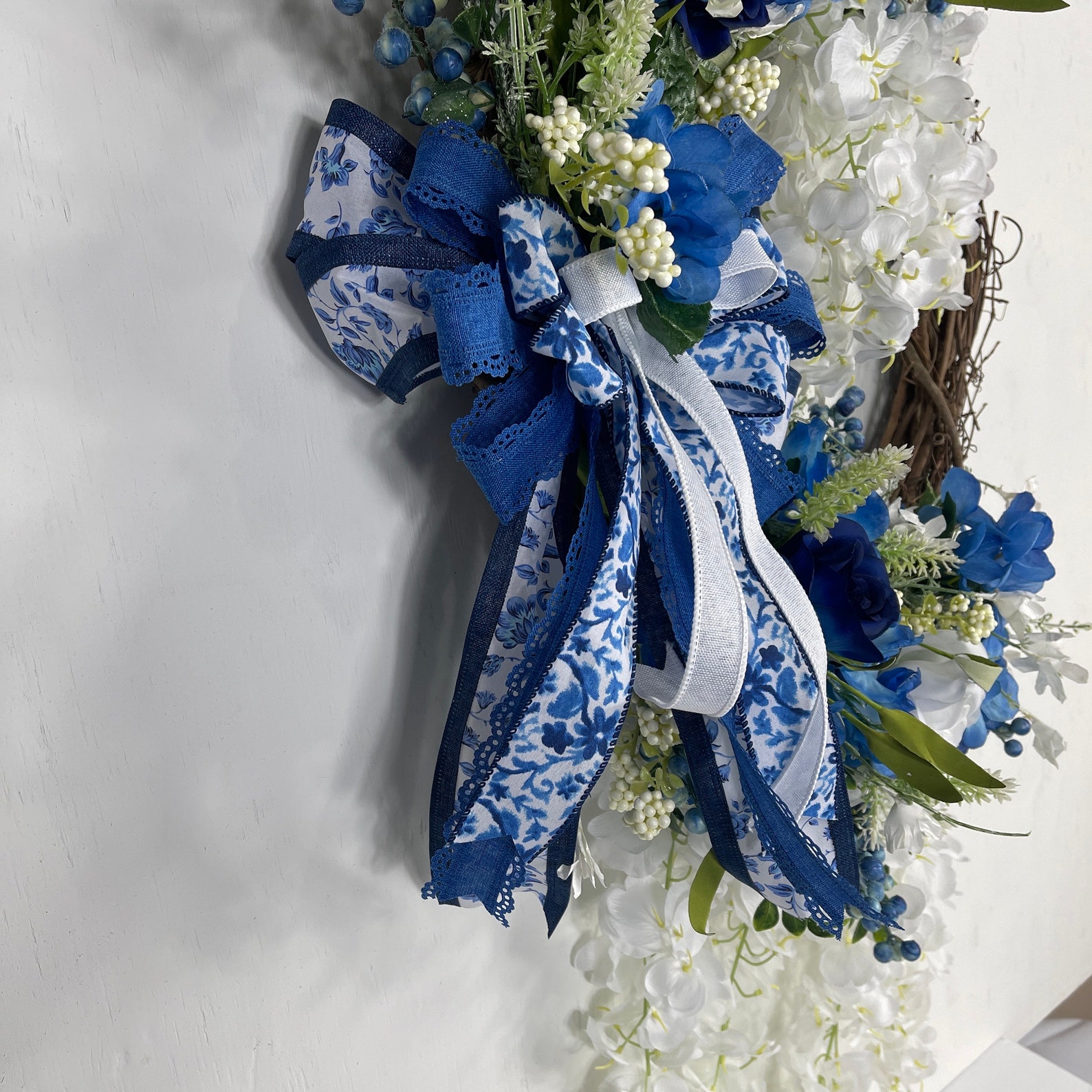 Luxurious Blue and White Floral Wreath With Elegant Ribbons - Perfect ...