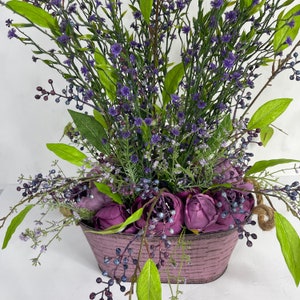 Elegant Purple Floral Arrangement in Vintage Metal Container - Lavender and Berry Accents for Anywhere in the Home.