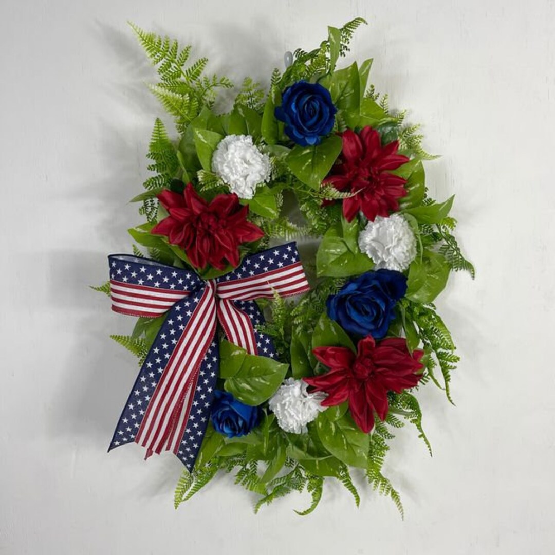 Patriotic Floral Wreath With Red, White, & Blue Silk Flowers and ...