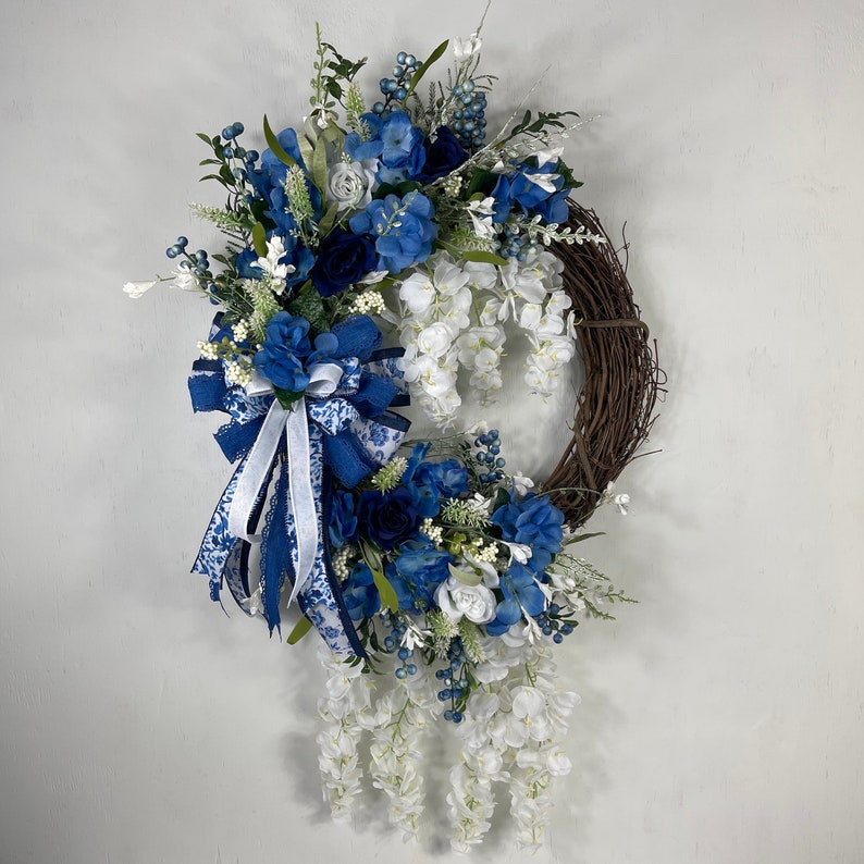 Luxurious Blue and White Floral Wreath With Elegant Ribbons - Perfect ...
