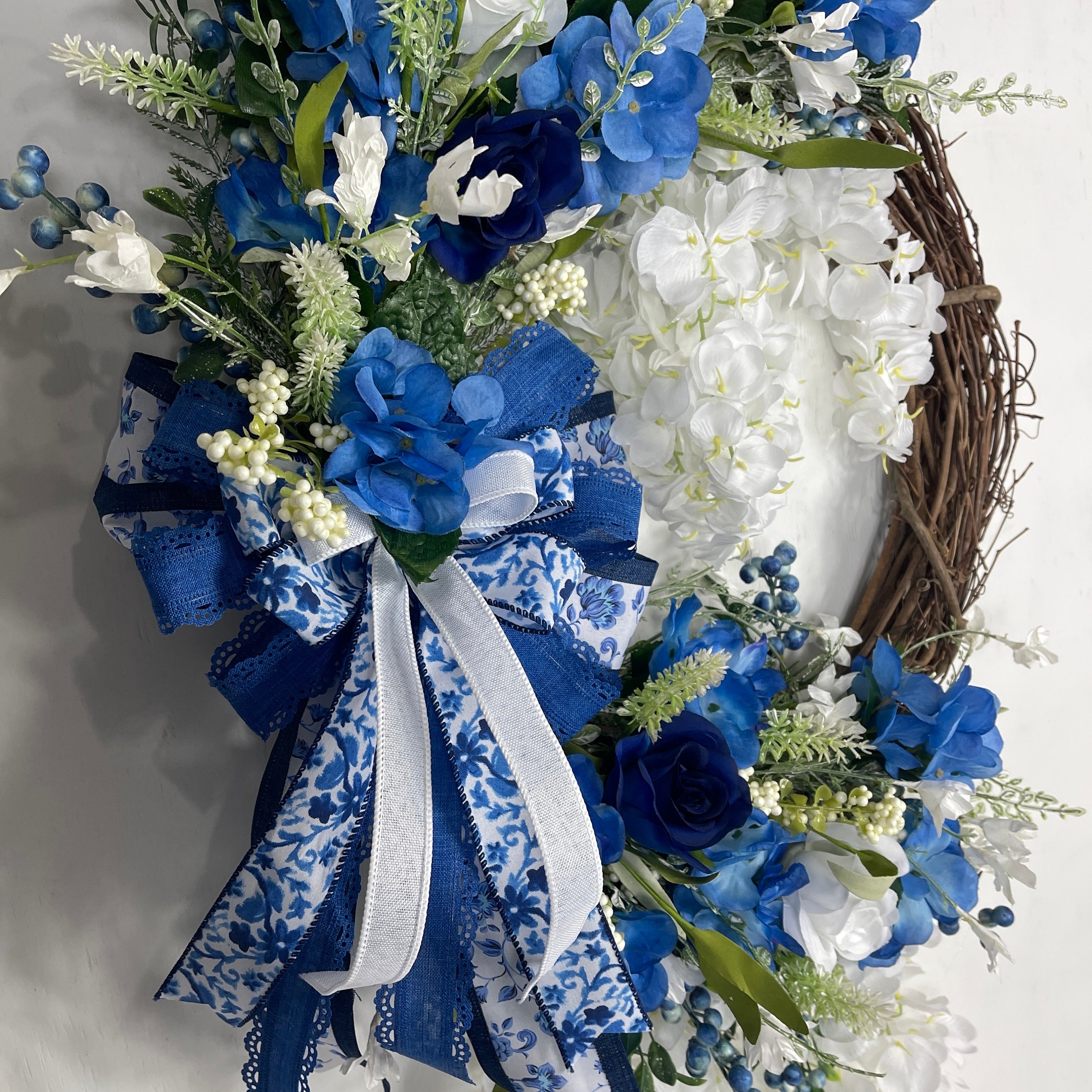 Luxurious Blue and White Floral Wreath With Elegant Ribbons - Perfect ...