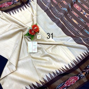 Handwoven Pure Tussar Silk Saree, Temple Ikkat Pochampally Border And Pallu, Silk Mark Certified, Silk Sarees for Women, Womens Fashion