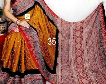 Ancient Bandhani With Ajrakh Modal Silk Saree, Pure Handblock Print, Organic Yellow Shades, Skin Friendly, Silk Sarees for Women