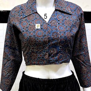 Pure Hand Block Print Ajrakh Crop Top, Classy Trendy Collar, Full Sleeves, Pure Cotton, Non Padded, Crop Top For Women, Womens Fashion. Crop Top No # 5. Colour : Indigo.