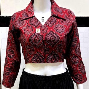 Pure Hand Block Print Ajrakh Crop Top, Classy Trendy Collar, Full Sleeves, Pure Cotton, Non Padded, Crop Top For Women, Womens Fashion. Crop Top No # 6. Colour : Red.